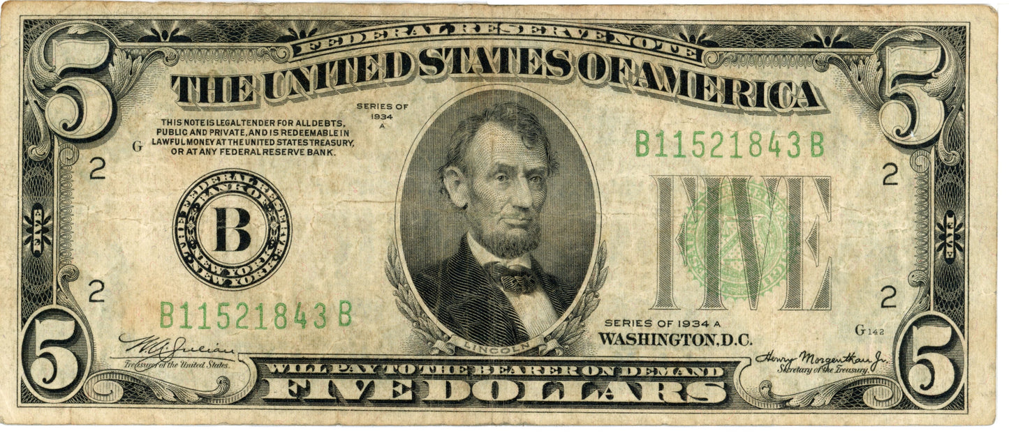 1934 A $5 Dollar Bill Federal Reserve Note F-1955B Julian Morgenthau B11521843B