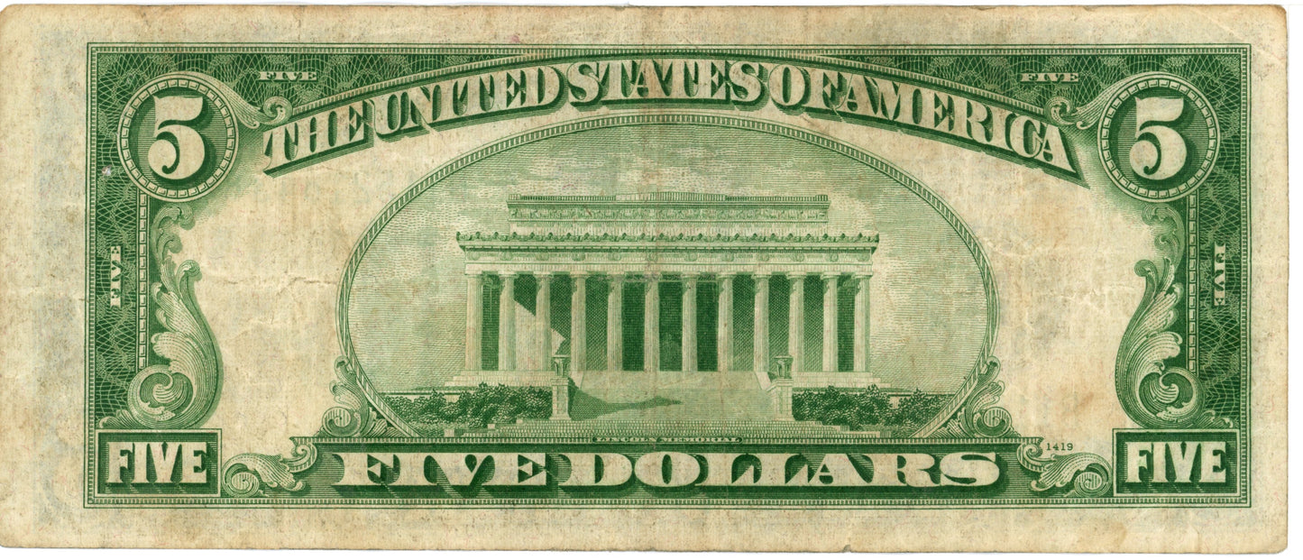 1934 A $5 Dollar Bill Federal Reserve Note F-1955B Julian Morgenthau B11521843B