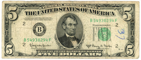 1950 E $5 Dollar Bill Federal Reserve Note F-1966B Granahan Fowler B54938294F