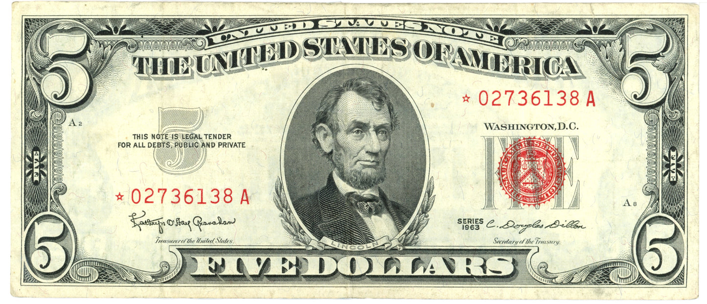 1963 $5 Dollar Bill Legal Tender Note F-1536* Granahan Dillon *02736138A