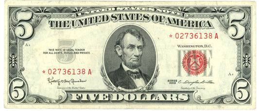 1963 $5 Dollar Bill Legal Tender Note F-1536* Granahan Dillon *02736138A
