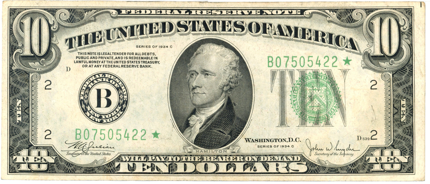 1934 C $10 Dollar Bill Federal Reserve Note F-2008B* Julian Snyder B07505422*