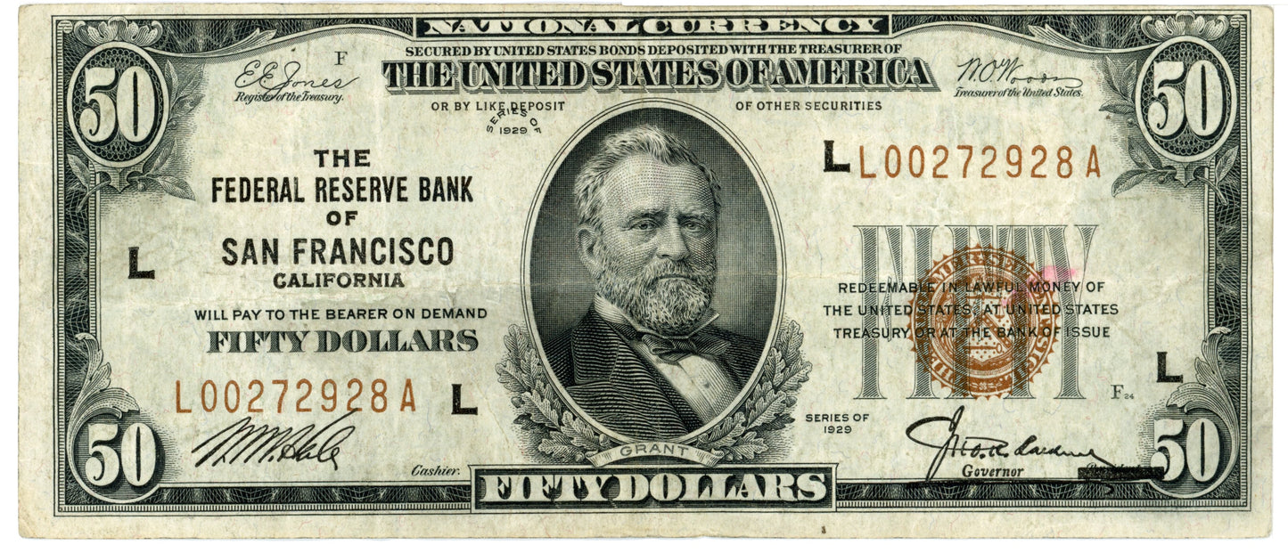 1929 $50 Dollar Bill Federal Reserve Note San Francisco F-1880L
