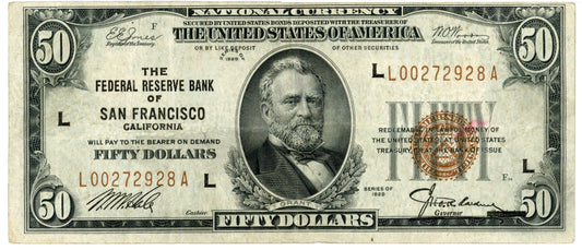 1929 $50 Dollar Bill Federal Reserve Note San Francisco F-1880L