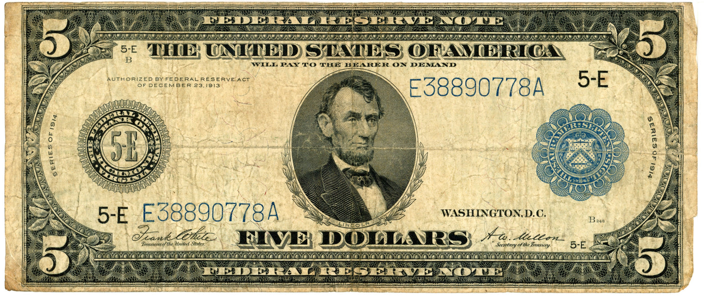 1914 $5 Dollar Bill Federal Reserve Note White Mellon F-863A E38890778A