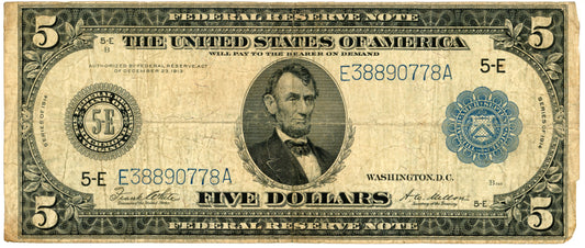 1914 $5 Dollar Bill Federal Reserve Note White Mellon F-863A E38890778A