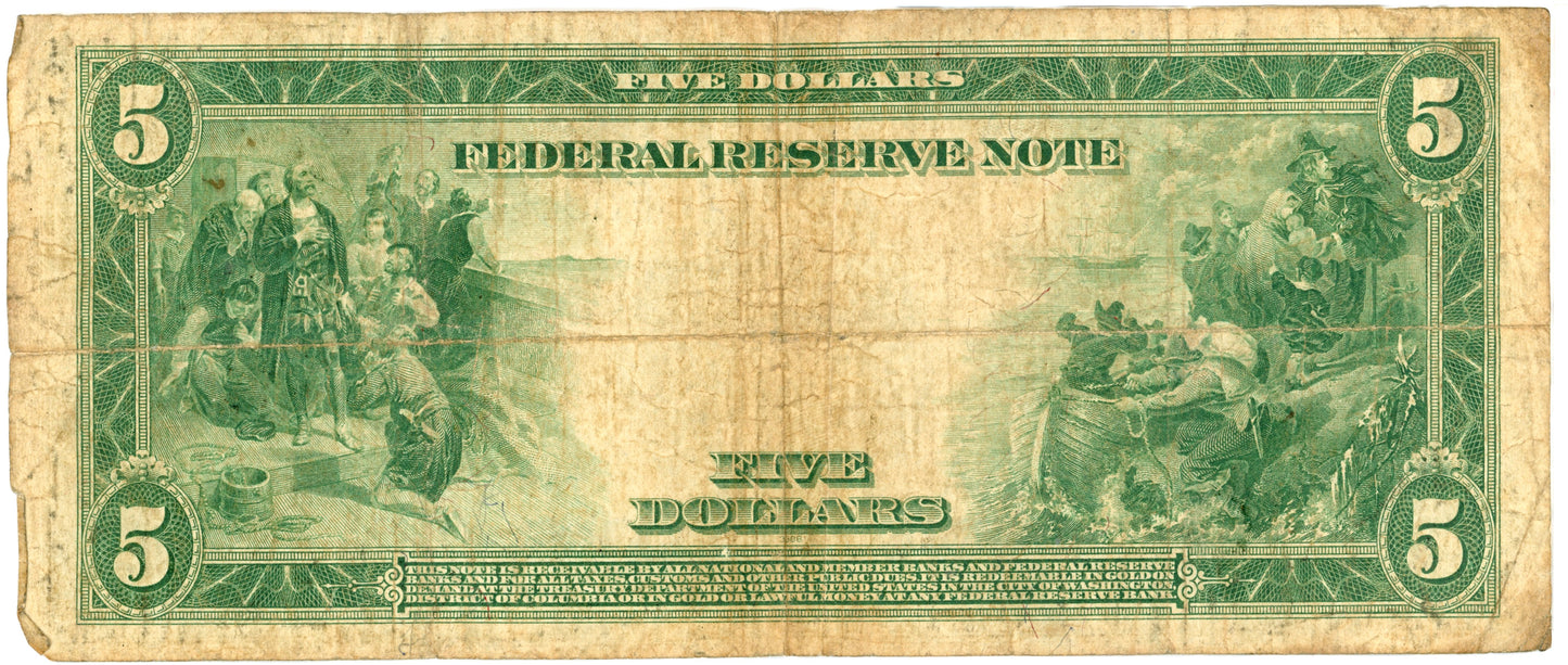 1914 $5 Dollar Bill Federal Reserve Note White Mellon F-863A E38890778A