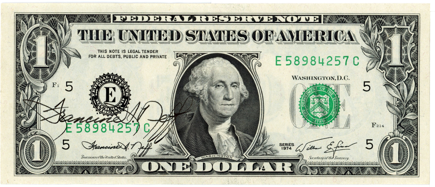 1974 $1 Dollar Bill Fed Reserve Note F-1908E Signed by Francine Neff E58984257C