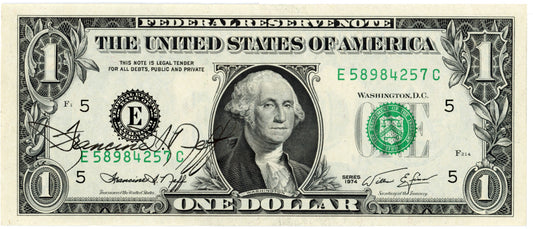 1974 $1 Dollar Bill Fed Reserve Note F-1908E Signed by Francine Neff E58984257C