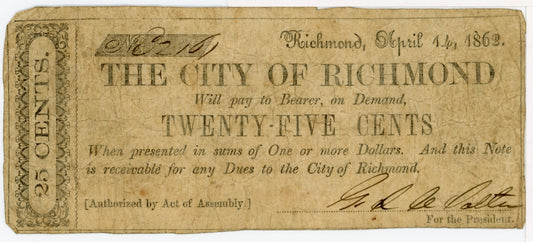 The City Of Richmond 25 cents Fractional Banknote 4/14/1862