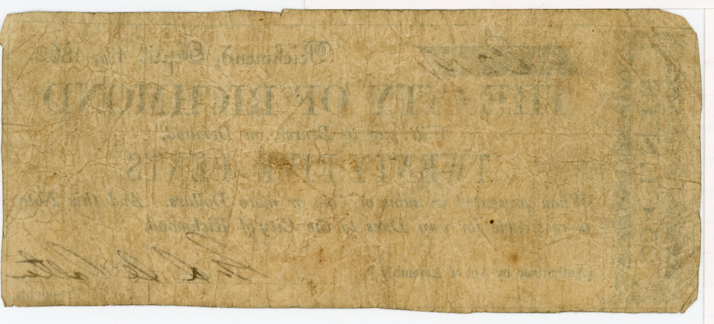 The City Of Richmond 25 cents Fractional Banknote 4/14/1862