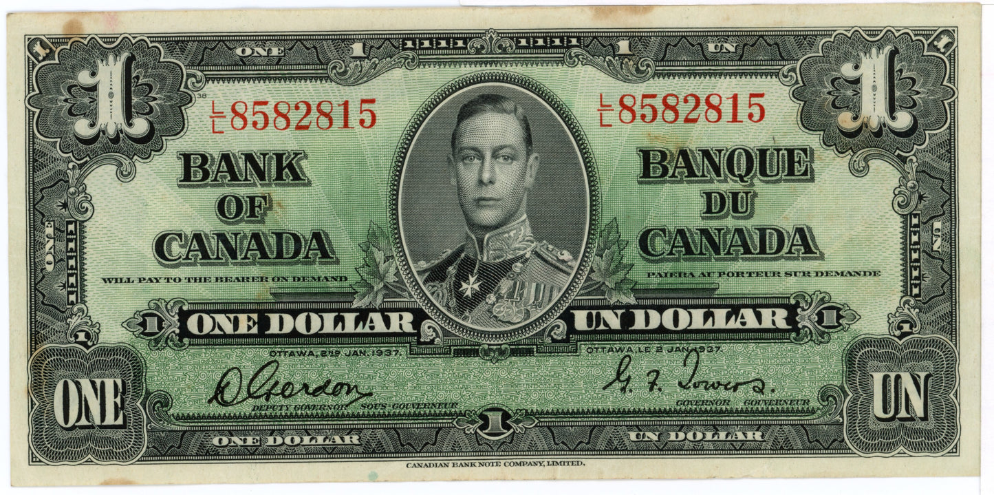 Bank of Canada 1$ Note 1937 Series Great Condition LL Block