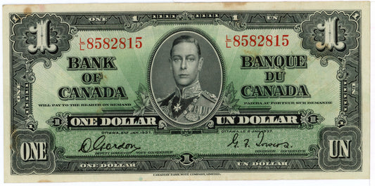 Bank of Canada 1$ Note 1937 Series Great Condition LL Block