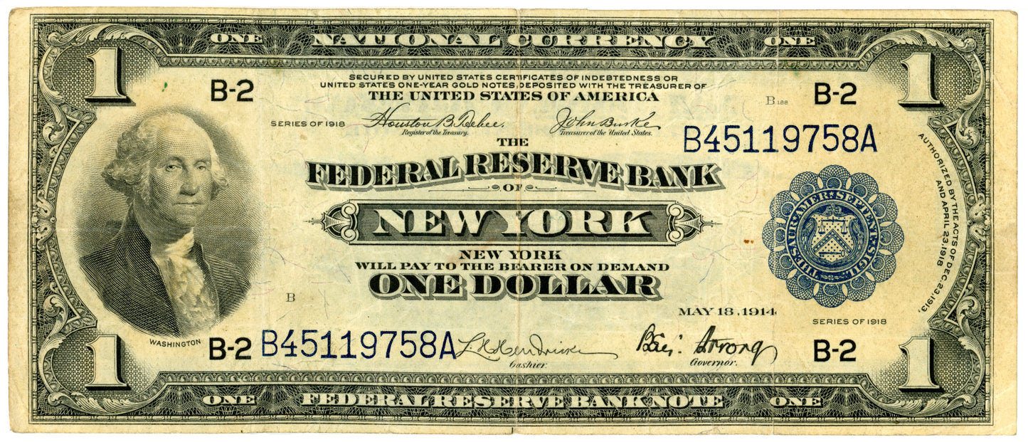 1918 $1 Dollar Bill Fed Rsrve Bank Note New York F-712 B45119758A