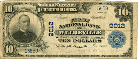 1902 $10 Dollar Bill Natl Bank Note F-626 Wytheville 15659