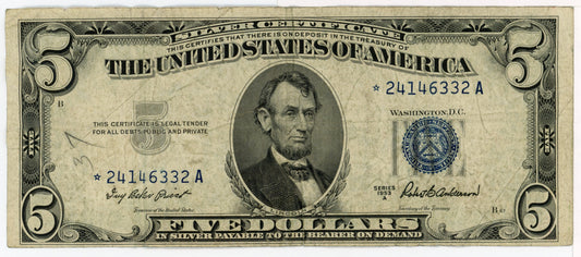 1953 A $5 Star Dollar Bill Silver Certificate F-1656* Priest Anderson *24146332A