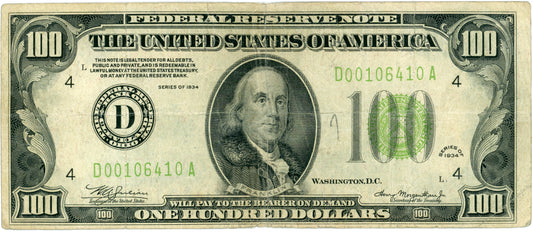 1934 $100 Fed Reserve Note Julian Morgenthau Cleveland F-2152D D00106410A