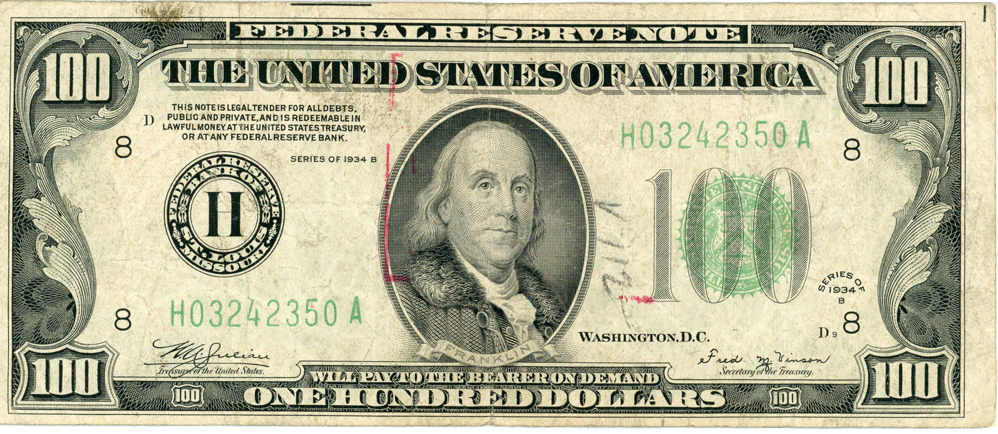 1934 B $100 Fed Reserve Note Julian Vinson Cleveland F-2154H H03242350A