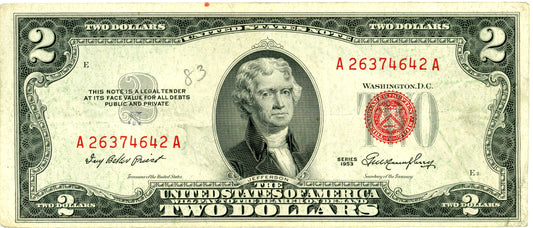 1953 $2 Dollar Bill Legal Tender Priest Humphrey F-1509 A26374642A