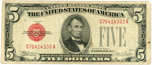 1928 E $5 Dollar Bill Legal Tender Julian Snyder F-1530 G76414332A