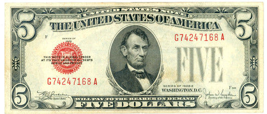 1928 E $5 Dollar Bill Legal Tender Julian Snyder F-1530 G74247168A
