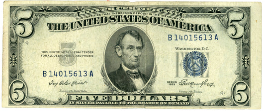 1953 $5 Dollar Bill Silver Certificate Priest Humphrey F-1655 B14015613A
