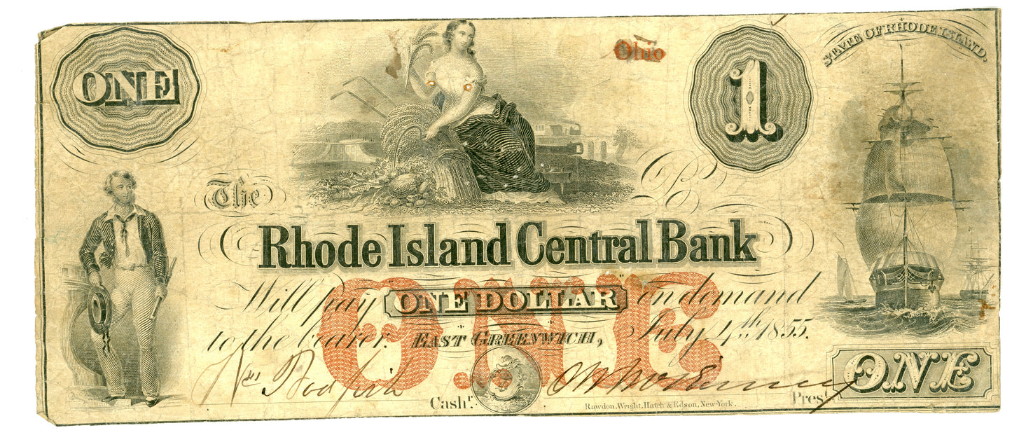1855 $1 Rhode Island Central Bank East Greenwich Obsolete Currency 741855