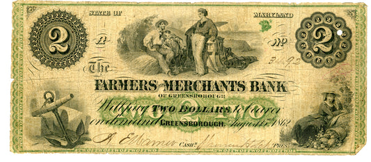 1862 $2 Farmers Merchants Bank Greensborough MD Obsolete Currency 3492