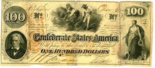 1862 Confederate 100$ Note Bill Richmond T-41 452133 w/ Stamps