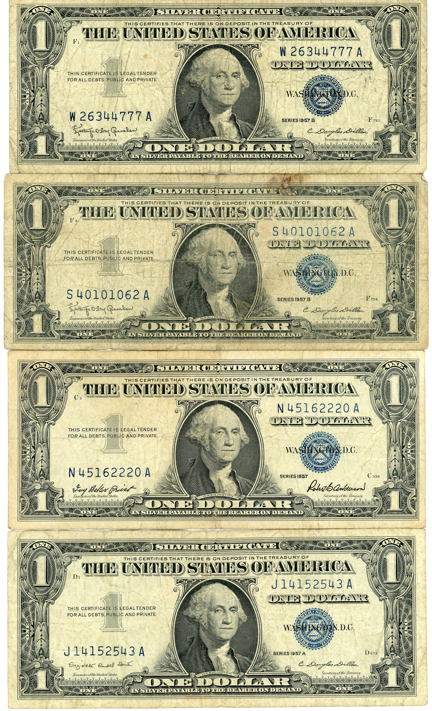 Lot of 4 1957 $1 Silver Certificates Exact Bills Shown