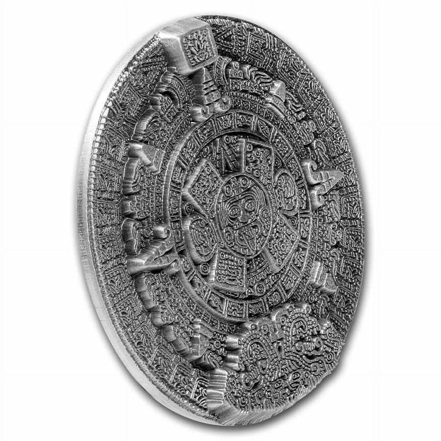 2 oz .999 Fine Silver Ultra High Relief Stacker Aztec Sun Stone Calendar Coin w/ Capsule