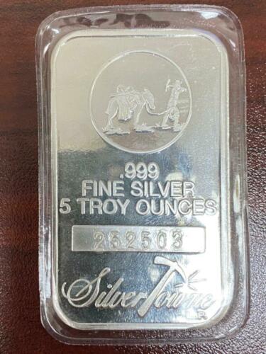 5 Troy Oz Silvertowne .999 Fine Silver Bar - SEALED - Free Ship