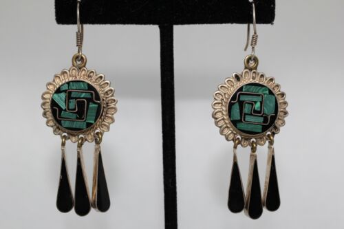 Vintage Sterling Silver TS-134 Mexico Malachite & Onyx Inlay Chandelier Earrings