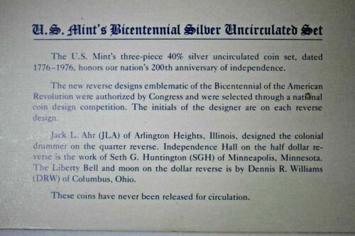 1976 US Mint 3 Piece SILVER Bicentennial Uncirculated Set w/ Red Envelope & COA