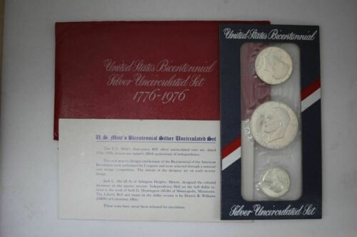 1976 US Mint 3 Piece SILVER Bicentennial Uncirculated Set w/ Red Envelope & COA