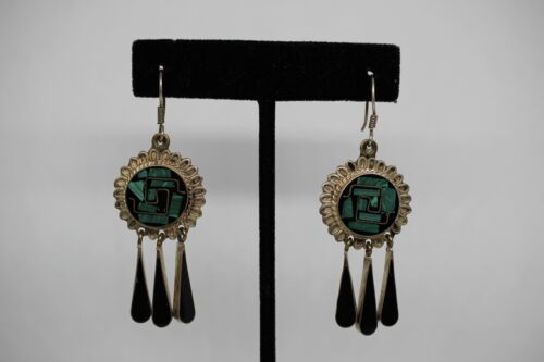Vintage Sterling Silver TS-134 Mexico Malachite & Onyx Inlay Chandelier Earrings