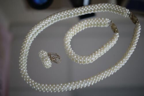 14k Yellow Gold OCP Pearl Beaded Matching Necklace Bracelet & Earrings