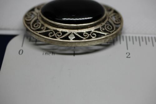 Sterling Silver Oval Black Onyx Cabochon Scroll Heart Diamond Pin Brooch
