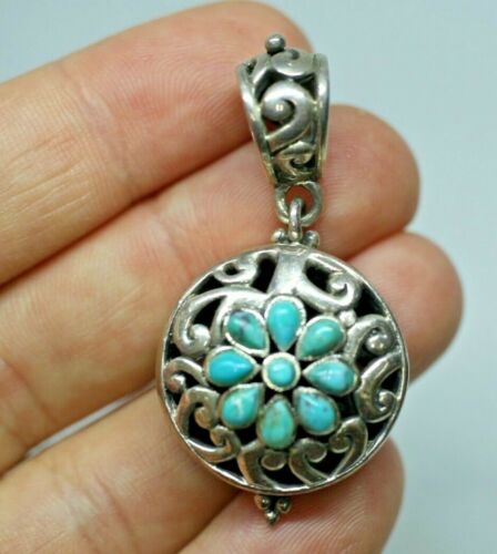 Barse Thai Sterling Silver Turquoise Scroll Flower Round Pendant