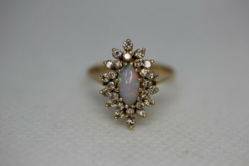 14k Yellow Gold Marquis Opal with Flower Like ~.25 cttw Diamond Halo - Size 6.5