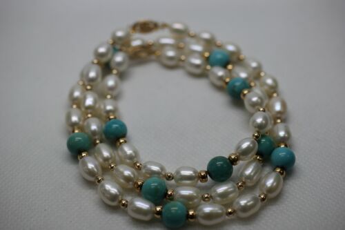 14k Yellow Gold IPS Freshwater Pearl Turquoise Necklace & Bracelet