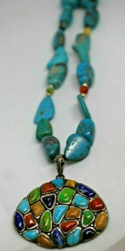 Barse Thai Sterling Silver Chunky Turquoise & Multicolor Stone Pendant Necklace