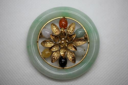 14k Yellow Gold Large Flower Round Jade Pendant Pin Brooch Multi Colored