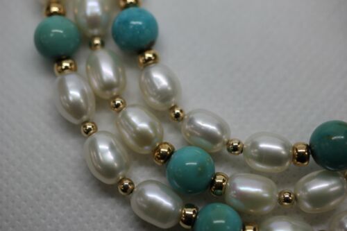 14k Yellow Gold IPS Freshwater Pearl Turquoise Necklace & Bracelet