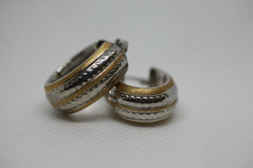 18k Yellow & White Gold TwoTone Italy Hollow Hoop Striped ZigZag Design Earrings