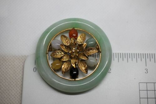 14k Yellow Gold Large Flower Round Jade Pendant Pin Brooch Multi Colored
