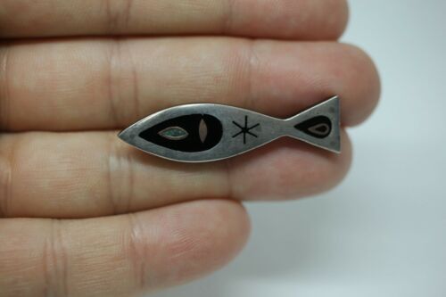 Vtg Mexico 925 Sterling Silver Copper Inlay Lucite Modernist Fish Brooch Pin