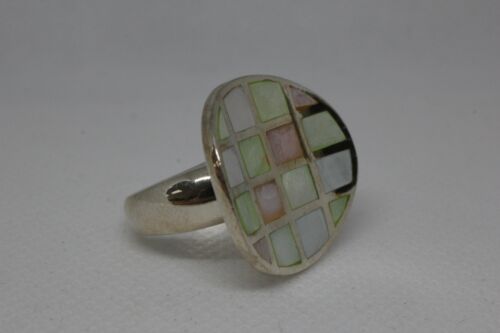 Unique Sterling Silver 925 Round Mother of Pearl Inlay Curved Ring - Sz 5.75