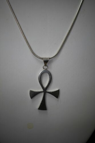 Sterling Silver 925 Vintage Mexico Egyptian Ankh Cross Pendant with Snake Chain