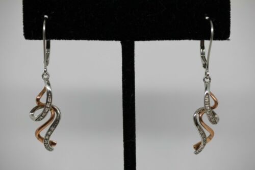 Sterling Silver & 10K Rose Gold 1/15 cttw Diamond Drop Dangle Earrings